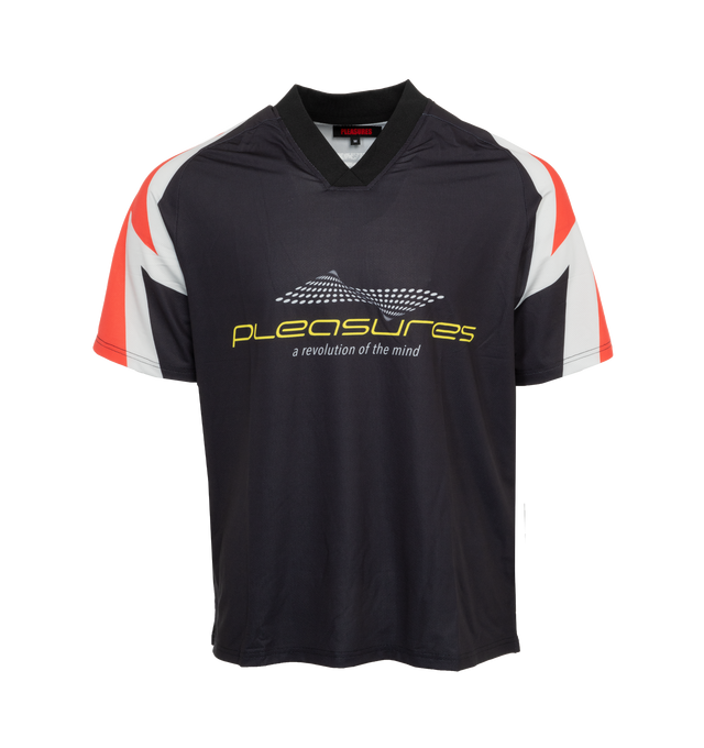 Image 1 of 4 - BLACK - PLEASURES Mind Soccer Jersey featuring regular-fit, V-neck, graphic print and logo text at chest, graphic print at back and stripes at sleeves. 90% polyester, 10% spandex. 