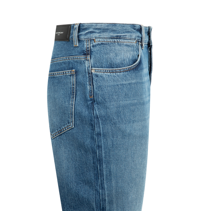Image 3 of 3 - BLUE - GIVENCHY Straight Couture Seam Jeans featuring waist with loops, zipped and button closure, GIVENCHY engraved button, GIVENCHY leather patch on the back, three front pockets, two back pockets, couture seams and straight fit. 100% cotton. Made in Italy.