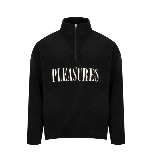 Image 1 of 2 - BLACK - PLEASURES Onyx Half Zip Polar Fleece featuring partial front zipper closure, front logo detail, lightweight fleece fabric and long sleeves. 64% polyester, 36% cotton.