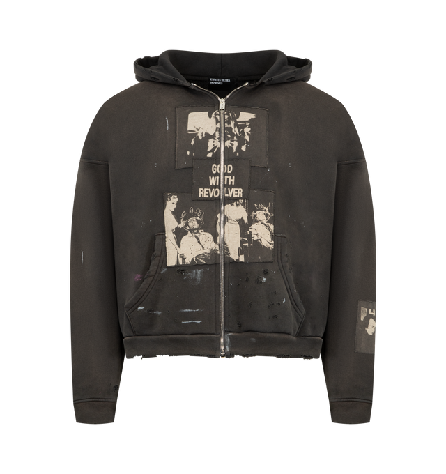 Image 1 of 2 - GREY - ENFANTS RICHES DEPRIMES God With Revolver Zip Hoodie featuring Heavyweight brushed French terry hoodie, boxy drop shoulder fit, double layer hood, kangaroo pocket, rib knit cuffs waistband, all over patchwork print, monogram branded hardware, vintage wash finish and full body distressing. 100% cotton.