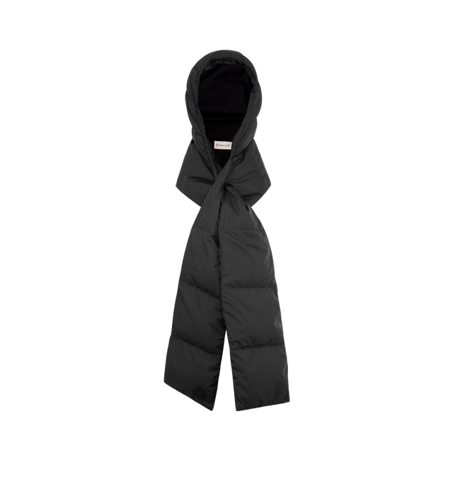 Image 1 of 2 - BLACK - MONCLER Hooded Down Scarf featuring quilted down scarf with hood and signature tonal logo patch. Polyester. Fill: down/feather.