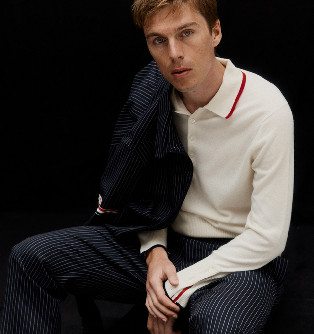 Image 2 of 3 - NAVY - THOM BROWNE Pinstriped Wool Suiting Shirt featuring a pinstriped motif, a suiting-inspired silhouette, spread collar, patch pocket at the chest, striped bands, long sleeveswith button cuffs and front zip closure. 97% virgin wool, 3% polyester.