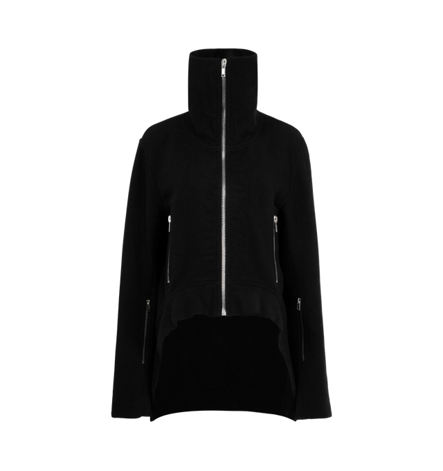 Image 1 of 3 - BLACK - RICK OWENS Exploder Jacket featuring heavyweight boiled virgin wool, RWS-certified virgin wool, extended funnel neck, zip closure, zip pockets at front, curved droptail hem, zip expansion panel at cuffs and partial cotton twill lining. 100% virgin wool. Made in Italy.