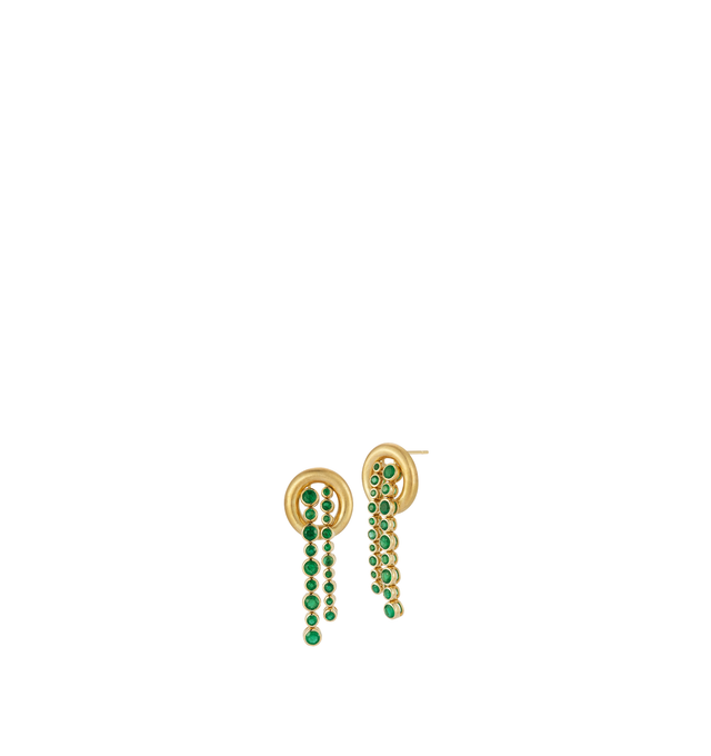 Image 2 of 2 - GOLD - Renna Women's Storm Earrings Large are crafted in 18K gold and feature cascading strands of vibrant emeralds suspended from a sculptural silhouette inspired by the stillness at the center of a storm. These designer fine jewelry earrings combine exceptional craftsmanship with graceful movement, creating an elegant statement for special occasions. Main Material: 18K Gold. Gemstones: Approximately 1.55 TCW Emeralds. Drop Length: 34mm. Push Back Closure.For personal consultation and detail