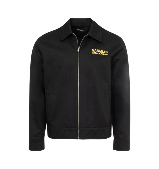 Image 1 of 2 - BLACK - NAHMIAS Landscape Worker Jacket featuring embroidered logo on front and graphic on back, zip up closure, boxy fit, welt pockets and logo snaps. 100% cotton.  