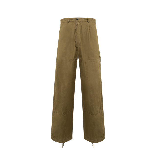 Image 1 of 3 - GREEN - C.P. COMPANY Microreps Cargo Pant featuring button and zip fastening, pinces, belt loops, side pockets, thigh flap snap pocket, back button pocket with Lens detail, back welt flap snap pockets with applied label, adjustable drawstring hems, garment dyed and boxy fit. 100% cotton.