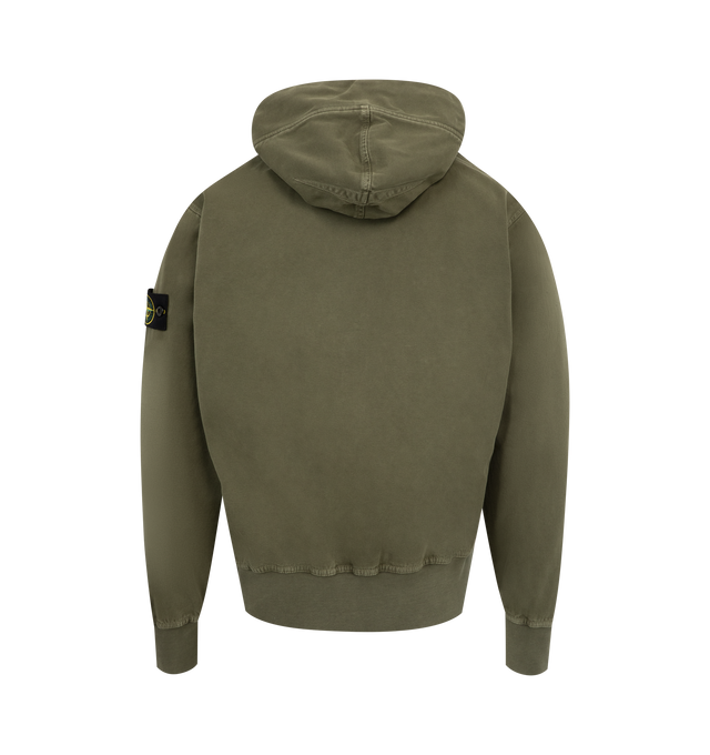 Image 2 of 3 - GREEN - STONE ISLAND Hoodie Sweater featuring hood with ribbed cotton lining around contour, fixed drawstring, ribbed cotton inserts at shoulders, under armholes, and on sides, hand patch pockets with slanted entrance, Stone Island badge on left sleeve, ribbed cotton cuffs and bottom band and oversized fit. 100% cotton.