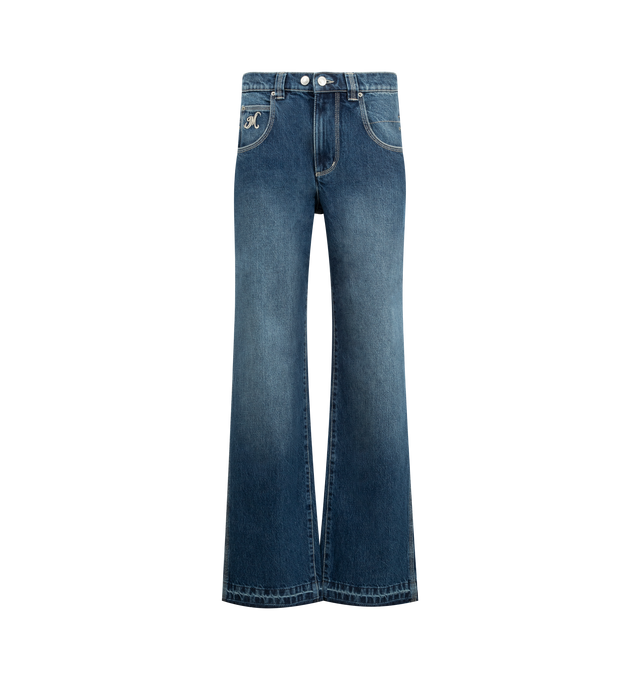 Image 1 of 3 - BLUE - ISABEL MARANT Jeyda Pants featuring 5-pocket topstitched organic cotton denim jeans with rivets, fitted waistband with loops, two engraved metal buttons and a hidden zipper, contrasting "IM" embroidery inside the right pocket, medium-rise waist and straight legs. 100% cotton.