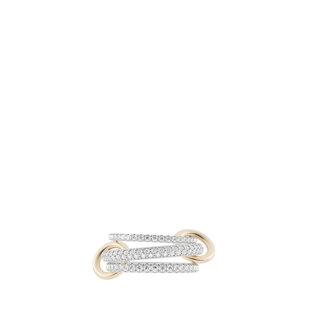 Image 1 of 1 - SILVER - SPINELLI KILCOLLIN Nova SG Petite Ring featuring three stunning bands of .925 sterling silver, pav-set with hand-selected white diamonds and linked by two 18k yellow gold connectors. Bands: 1.7mm gauge .925 sterling silver band, 2.8mm gauge .925 sterling silver band, 2.3mm gauge .925 sterling silver band. Stones: white diamonds (approx. 2.27 cttw).