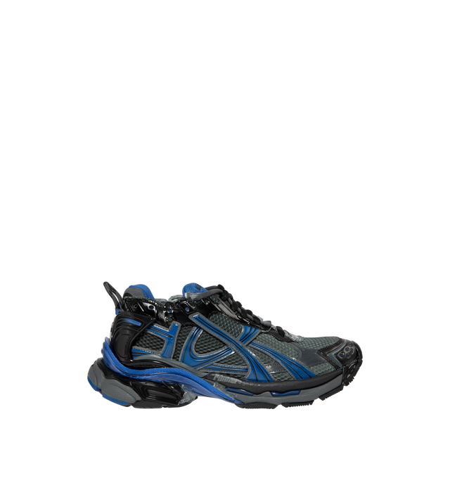 Image 1 of 5 - BLUE - Balenciaga Men's Runner Sneakers are crafted from a leather-free blend of polyurethane and polyester. Feature a worn-in finish, printed size at the toe, debossed size at the heel, printed Runner logo, embroidered logo at the tongue, logo at the back heel, pull tab, and a rubber, TPU, EVA, and polyurethane sole. Main Material: Upper: Polyurethane, Polyester; Sole: Rubber, TPU, EVA, Polyurethane; Insole: Foam. Made in China.