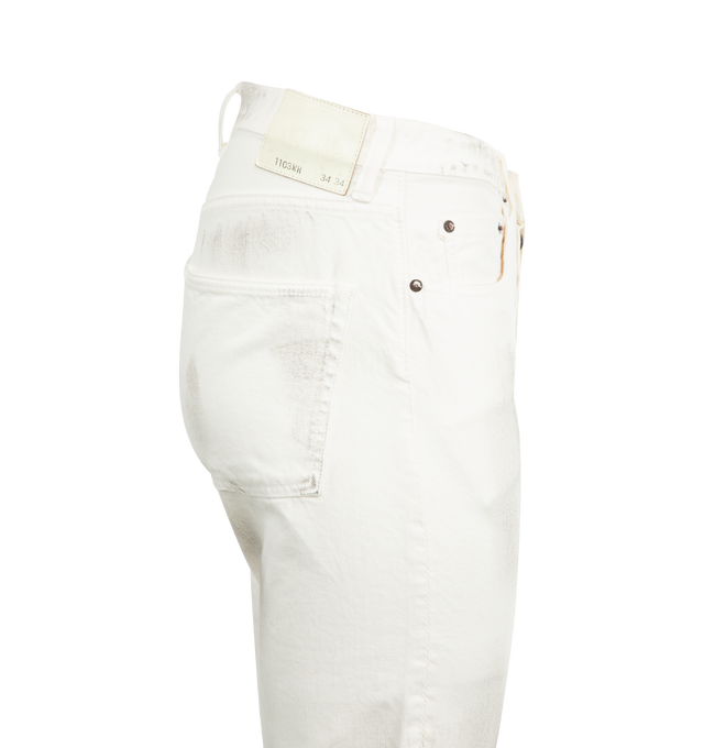 Image 3 of 3 - WHITE - FULLCOUNT Dirty White Denim featuring 12oz selvedge denim, 5 pockets, button closure and distressed throughout. 100% cotton.