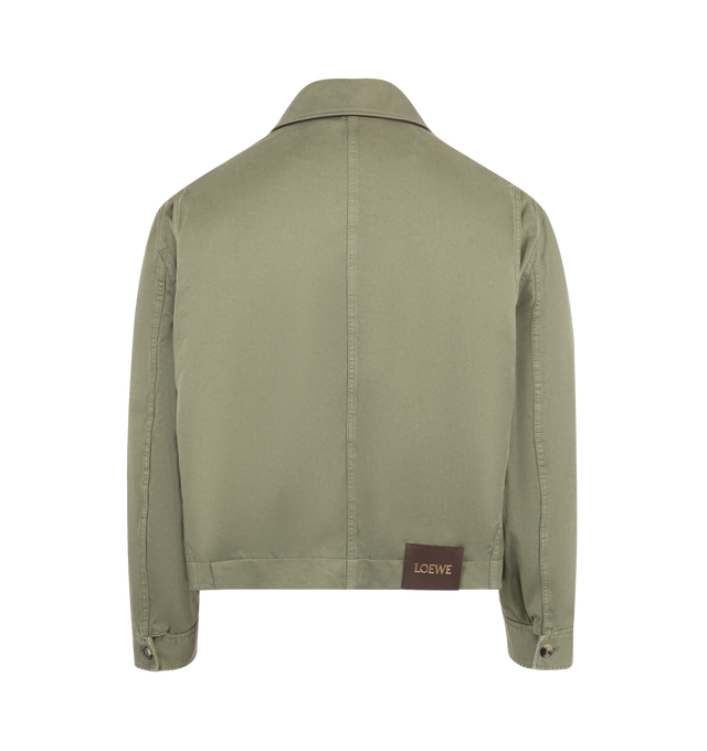 Image 2 of 3 - GREEN - Loewe Men's Jacket in medium-weight garment-dyed cotton satin featuring a gathered front with a decorative contrast belt. Regular fit, regular length featuring classic collar, zip front fastening, buttoned cuffs, seam pockets, inside jet pocket, fully lined with Anagram embroidery placed on the chest, LOEWE embossed leather patch placed at the back. Cotton. Made in Italy.