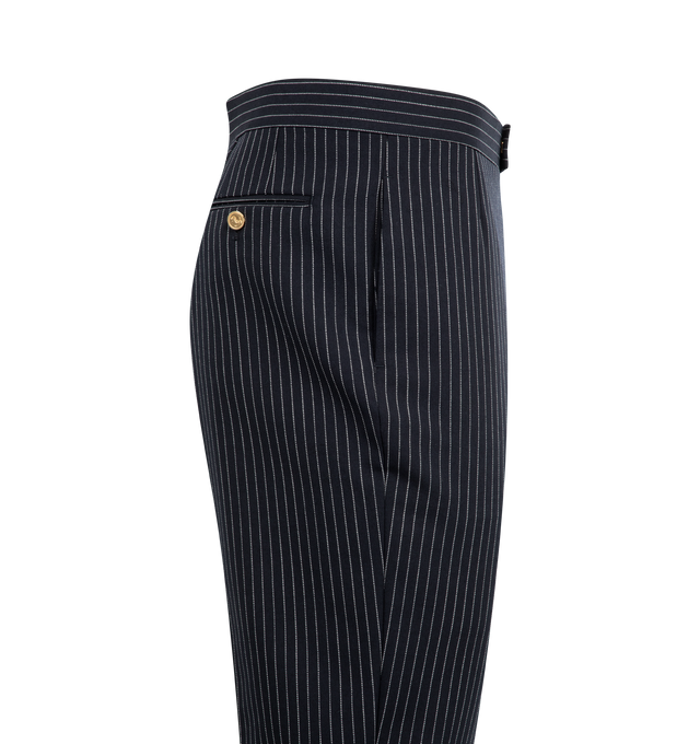 Image 3 of 3 - NAVY - THOM BROWNE Fit-1 Backstrap Pinstriped Wool Trousers featuring a tapered-leg silhouette with an extended tab waist, side seam pockets, buttoned backstrap, back button-through welt pockets and zip fly, hook-and-bar closure. 97% virgin wool, 3% polyester. Lining: 100% cupro.
