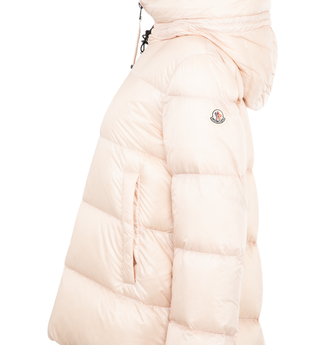 Image 3 of 3 - PINK - MONCLER Serittes Hooded Short Down Jacket featuring recycled longue saison lining, down-filled, adjustable hood with recycled microfiber lining, zipper closure, pockets with button closure and logo patch. 100% polyamide/nylon. Padding: 90% down, 10% feather.