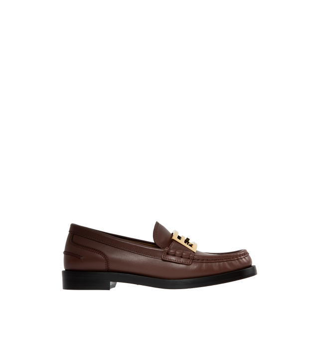 Image 1 of 4 - BROWN - Fendi Loafers with visible stitched apron and vamp embellished with FF motif. Made of 100% calf leather. Gold-finish metalware. Rubber sole. 25mm heel. Made in Italy. 