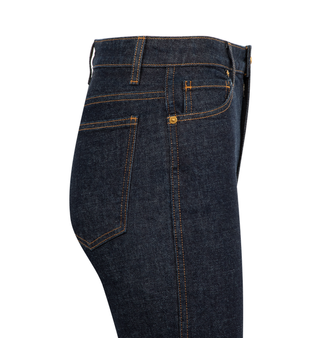 Image 3 of 3 - BLUE - KHAITE Danielle Jean featuring a high-rise style that flatters with a stovepipe silhouette, marigold topstitching and enameled button. Hand finished. 98% cotton, 2% polyurethane.