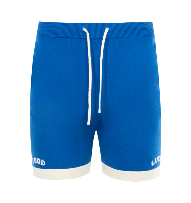Image 1 of 3 - BLUE - MR. SATURDAY Good Luck Knit Polo Short featuring standard fit, seam pockets, drawstring closure, contrast paneling and graphic on thighs. 93% cotton, 7% cashmere. 