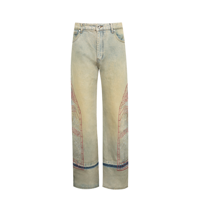 Image 1 of 3 - BLUE - WHO DECIDES WAR Embroidered Jeans featuring non-stretch denim, fading throughout, paneled construction, belt loops, five-pocket styling, zip-fly, logo graphic embroidered at outseams, leather logo patch at back waistband and contrast stitching in tan and pink. 100% cotton. Made in China. 