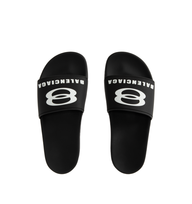 Image 4 of 4 - BLACK - BALENCIAGA Pool Slide Sandal featuring molded rubber footbeds, unity sports icon artwork on the strap and tone-on-tone sole and insole. Upper: polyurethane. Sole: EVA. Made in Italy.