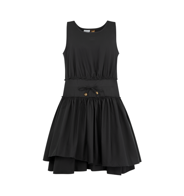 Image 1 of 2 - BLACK - LOEWE PAULA'S IBIZA Dress in lightweight cotton poplin featuring a layered construction, gathered waist with polish glass-effect Anagram pebble, regular fit, short length, round neck, drawstring waist and anagram embroidery placed at the front. Cotton. Made in Spain.