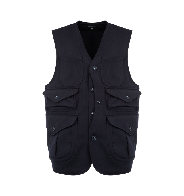 Image 1 of 2 - NAVY - ENGINEERED GARMENTS Hunting Jacket featuring 6 pockets at the front, a Napoleon pocket, loose wool twill, sleeveless and button front closure. 55% polyester, 45% worsted wool. Made in the USA.