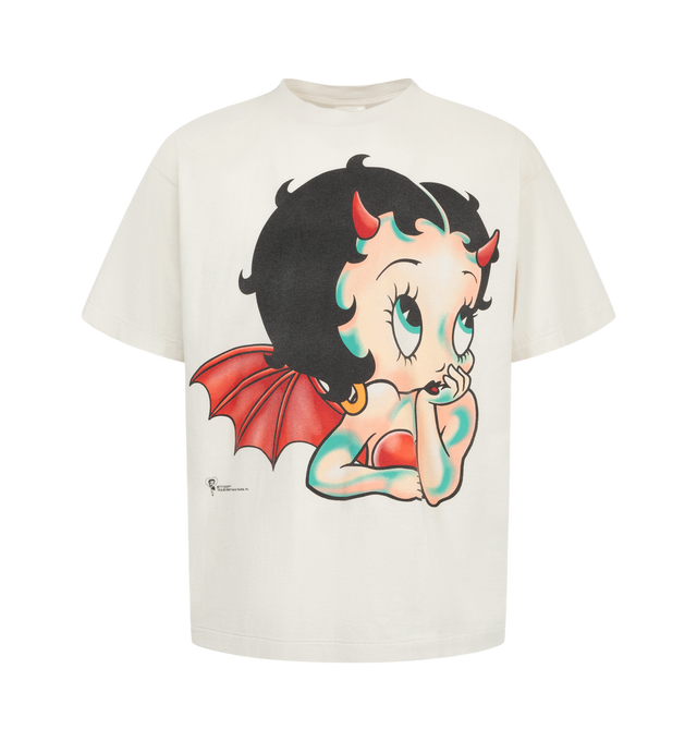 Image 1 of 2 - WHITE - Saint Michael Men's Betty Boop Devil Short-Sleeve T-Shirt is crafted from premium cotton jersey and features a graphic depiction of the iconic Betty Boop character with devil-inspired detailing. Designed with a classic short-sleeve silhouette, this designer graphic tee combines Saint Michael's vintage-influenced aesthetic with recognizable pop-culture imagery. Main Material: 100% Cotton Jersey. Sleeves: Short Sleeves. Details: Betty Boop Devil Graphic.