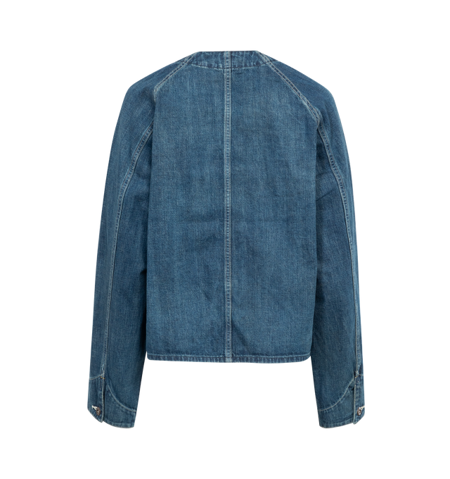 Image 2 of 2 - BLUE - CHIMALA V-Neck Cardigan Jacket crafted from 100% cotton 13.4 oz Selvedge denim woven on 1930's looms with natural indigo dye and hand distressing. Featuring 3 front pockets, raglan sleeves. Made in Japan. 