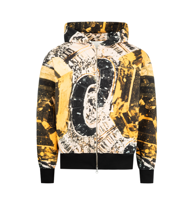 Image 1 of 2 - YELLOW - PLEASURES x Richard Bernstein Radiance Zip Hoodie featuring cotton-blend hoodie, print throughout, relaxed fit, two-way front zip closure, fixed hood, ribbed cuffs and hem and split kangaroo pocket. 72% cotton, 28% polyester.
