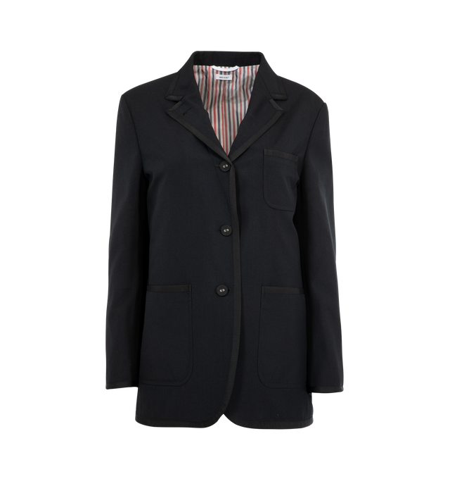 Image 1 of 2 - BLACK - THOM BROWNE Soft Shoulder Patch Pocket Sportcoat featuring a tailored silhouette with patch pockets, notch lapels, long sleeves, button cuffs and button-front closure. 50% wool, 50% polyester. Lining: 100% cupro. Made in Italy.