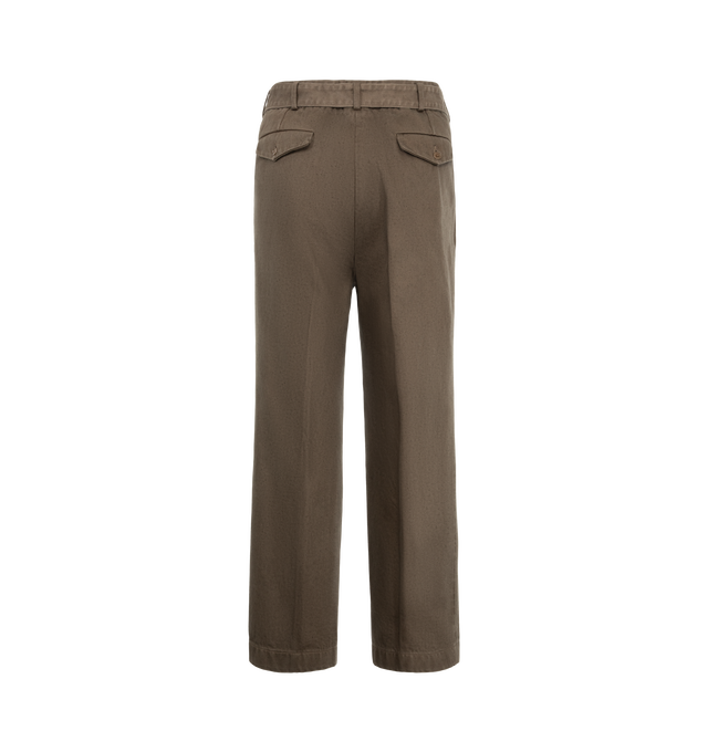 Image 2 of 3 - BROWN - Kaptain Sunshine Men's Dyed Denim Riviera Pants are crafted from the brand's signature 13.5 oz cotton denim, treated through a mercerization process and finished with garment dyeing for enhanced depth of color and character. Designed with a relaxed-fitting silhouette, these trousers feature a self-belted waist, two front pleats, a button-fly closure, and flap welt pockets at the back. Main Material: 100% Cotton. Fit: Relaxed. Made in Japan.
