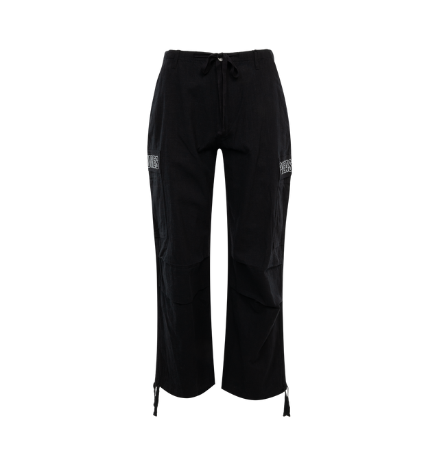 Image 1 of 3 - BLACK - PLEASURES Visitor Wide Cargo Pants featuring adjustable ties at leg opening, heavyweight faux linen, knee darts, cargo pockets, PLEASURES logo embroidery on cargo pockets and oversized fit. 85% ramie, 15% cotton. 