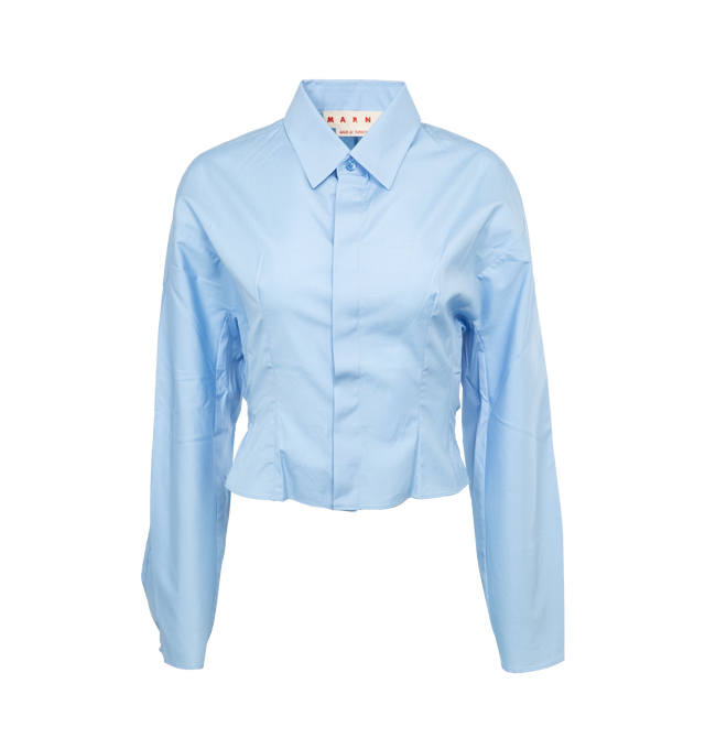 Image 1 of 3 - BLUE - MARNI Button-Front Shirt featuring a gathered backing, spread collar, concealed button front, long kimono sleeves, button cuffs and hip length. 100% cotton. Made in Italy. 