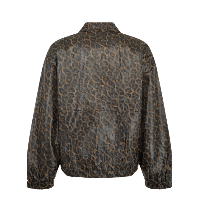 Image 2 of 3 - BROWN - Pleasures Men's Leopard Waxed Jacket is crafted from waxed cotton ripstop and features an allover printed leopard pattern. Designed in a blouson silhouette, the jacket is finished with a two-way zip closure and a graphic patch at the center-back lining. Main Material: 100% Waxed Cotton Ripstop.