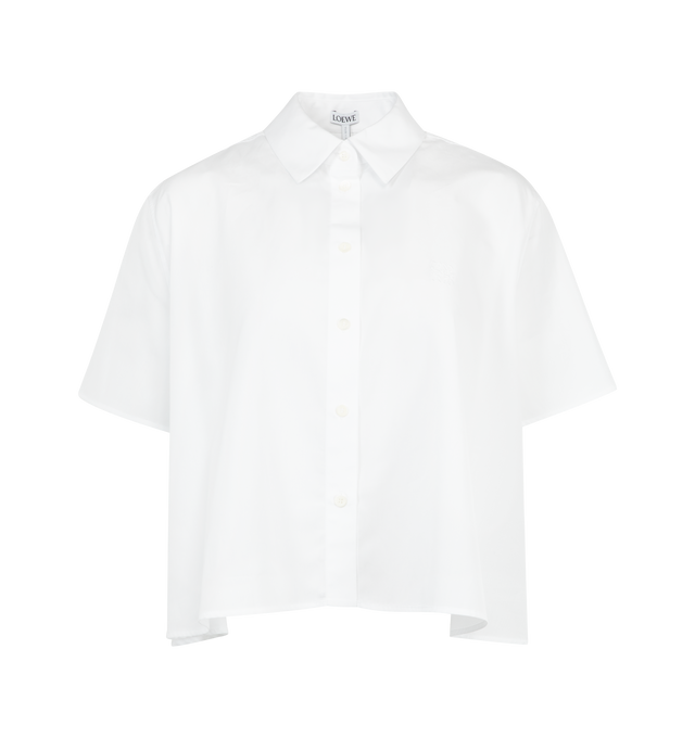 Image 1 of 2 - WHITE - LOEWE Short Sleeve Trapeze Shirt in lightweight cotton poplin featuring a trapeze silhouette, relaxed fit, short length, classic collar, button front fastening, box pleats at the back and anagram embroidery placed on the chest. 100% cotton. Made in Italy.