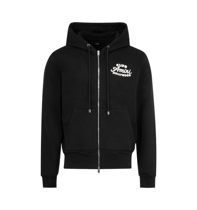 Image 1 of 2 - BLACK - AMIRI Club Amiri Zip Hoodie featuring drawstring hood, two-way zip front opening, long sleeves, elasticated ribbed cuffs and hem, contrasting "CLUB AMIRI" logo on the front chest and logo on the back. 100% cotton. Made in Italy.