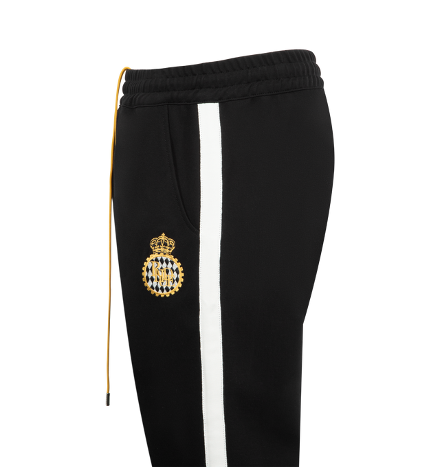Image 3 of 5 - MULTI - RHUDE Lago Hamptons Track Pant featuring pull-on styling with elastic waistband, 3-pocket styling, front logo detail and midweight jersey fleece fabric. 67% rayon, 28% nylon, 5% spandex. Made in USA.