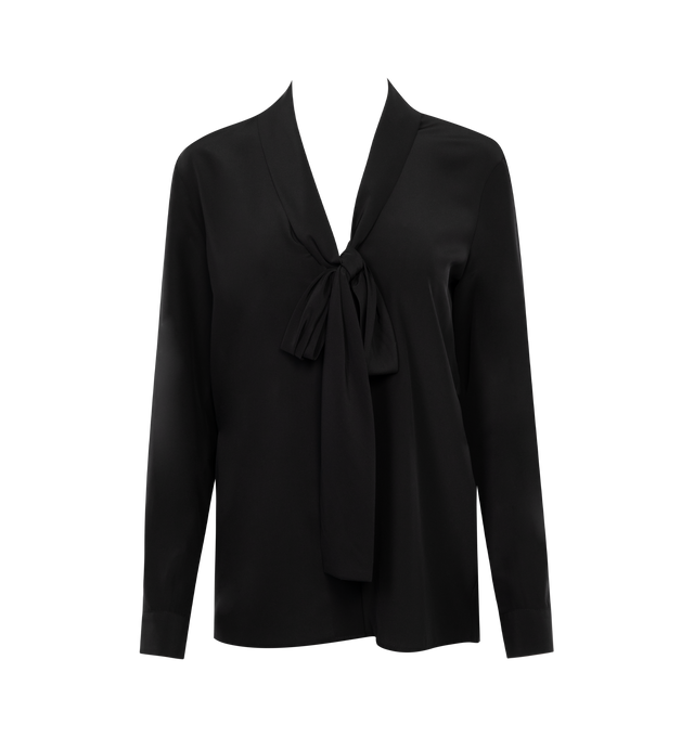Image 1 of 2 - BLACK - NILI LOTAN ANGELIQUE TIE NECK BLOUSE featuring relaxed deep v, neck-tie blouse and exposed centerfront buttons. 100% silk. Made in USA. 