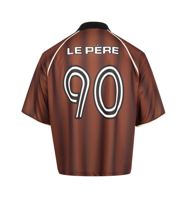 Image 2 of 2 - BROWN - LE PERE Heritage Kit LPFC Football Jersey featuring premium Spanish jersey fabric, stripes rendered with a slight digital distortion, a custom le PRE club crest on chest, number 90 emblazoned on the back, short sleeves and collar. 100% PES. Made in Portugal.