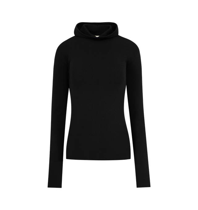 Image 1 of 2 - BLACK - FEAR OF GOD ESSENTIALS Long Sleeve Hooded Rib Top featuring poly-nylon rib knit, fitted, a hood, long sleeves and a Fear of God Essentials label positioned at the back. 88% polyester, 12% nylon rib knit.