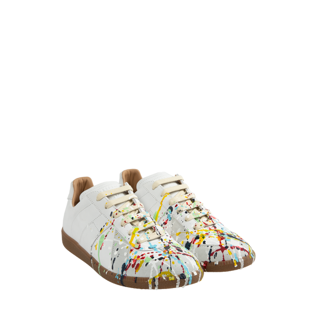 Image 2 of 5 - WHITE - MAISON MARGIELA Replica Sneakers featuring low-top sneakers in seude with colorful paint splatter effect at toe, lace-up closure and rubber sole.