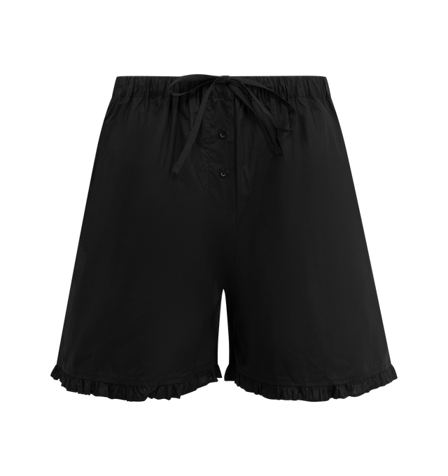 Image 1 of 3 - BLACK - DEIJI STUDIOS Flounce Short featuring an easy pull-on short, flounce hem, gathered elastic waistline, removable waist tie, twin button detail and deep side pockets in mid length for a relaxed fit. 100% organic cotton poplin.