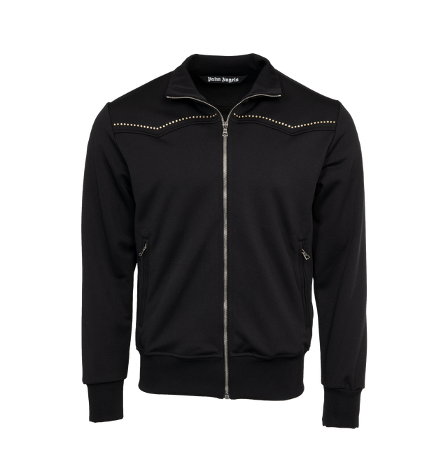 Image 1 of 4 - BLACK - PALM ANGELS Monogram Stud Track Jacket featuring zip up front, seams embroidered with silver mini studs and monogram on back with studs. 100% polyester. 