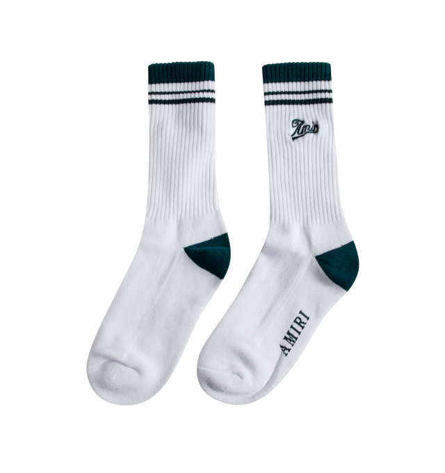 Image 2 of 2 - GREEN - AMIRI Logo Sock featuring Amiri logo at ankle and ribbed knit fabric. 78% cotton, 20% polyester, 2% elastane. Made in China.
