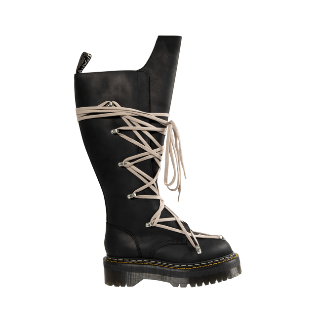 Image 1 of 4 - BLACK - RICK OWENS X DR. MARTENS Pentalace Boot featuring a side zip closure, contrasting front laces, round toe, leather and fabric lining, a textured rubber sole, oversized tongue and the signature AirWair with Bouncing Soles pull tab.