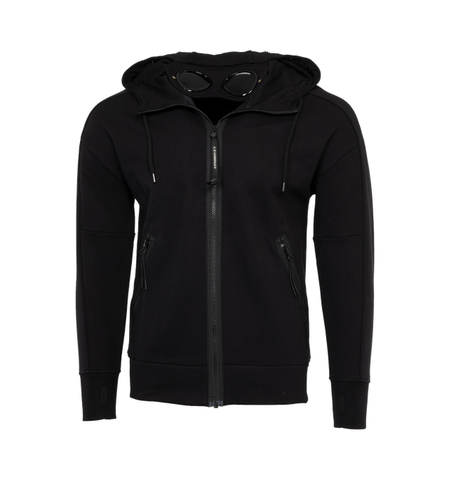 Image 1 of 3 - BLACK - C.P. COMPANY Diagonal Raised Fleece Goggle Hoodie featuring adjustable Goggle hood, ribbed hem and cuffs, two zip front pockets and full zip fastening. 100% cotton. 