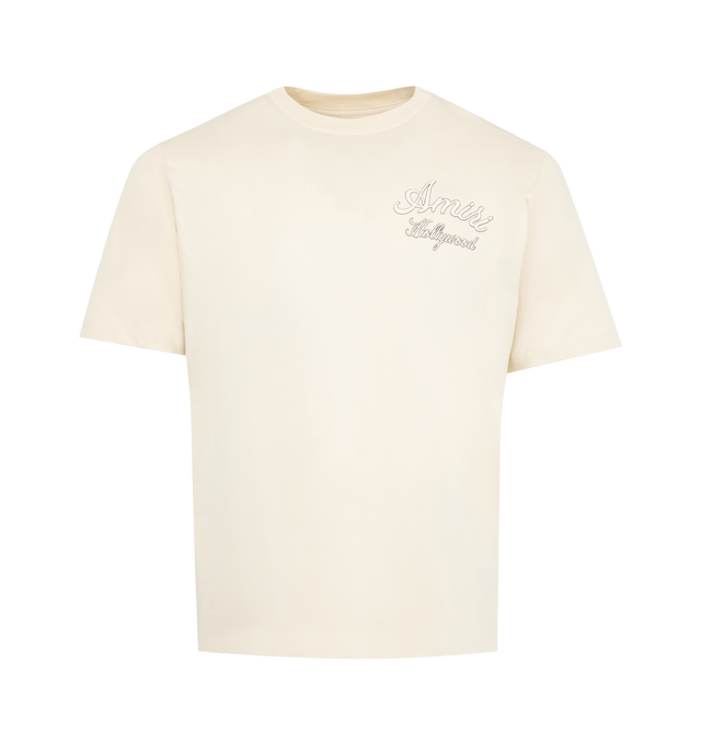 Image 1 of 2 - WHITE - AMIRI Hollywood T-shirt featuring cotton jersey, short sleeves, rib knit crewneck and logo and text at chest and back. 100% cotton. Made in Italy.