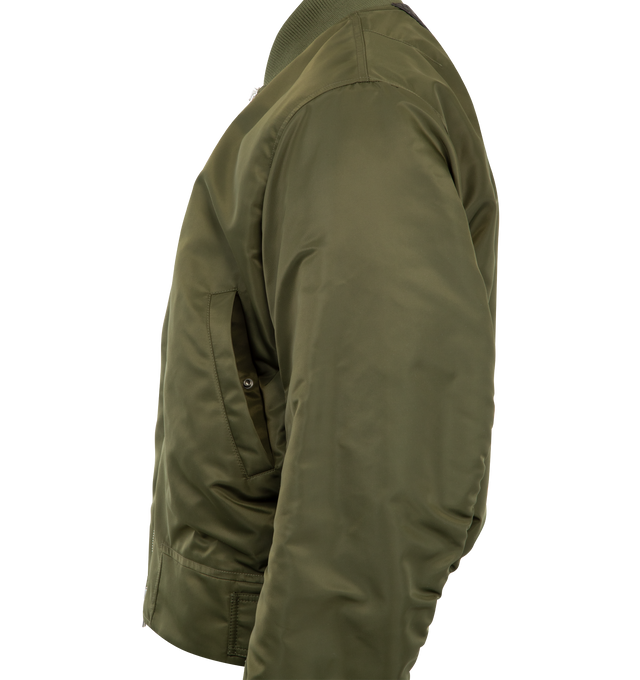 Image 3 of 3 - GREEN - BOTTEGA VENETA Bomber jacket in padded satin nylon with water-repellent finish featuring a detachable shearling collar, Intrecciato leather back patch, fully lined, zipper closure and relaxed fit. 100% polyamide. Made in Italy.