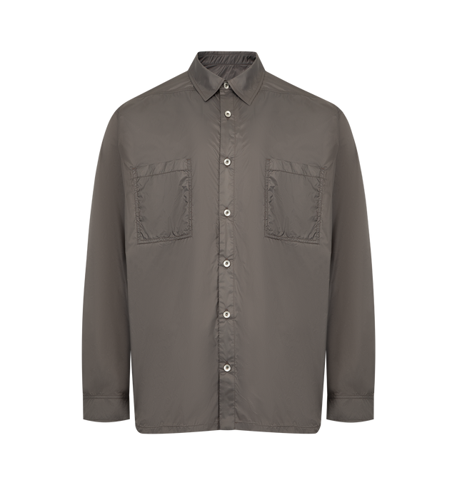 Image 1 of 2 - BROWN - DRKSHDW Jumbo Outershirt featuring a classic collar, button closure, chest pockets, long sleeves, buttoned cuffs, and straight hem. 100% cotton.