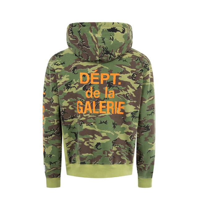Image 2 of 4 - GREEN - GALLERY DEPT. Dept. De La Galerie Hoodie featuring oversized fit, front pocket, all-over camo print, shrunken FRENCH DPT. logotype on the front, and enlarged on back and sleeves, appliqud with our 'art on display' patch by the cuff and patent wash process that uses unique fading techniques for each piece, inclusive of logos and graphics. 100% cotton. Made in USA.