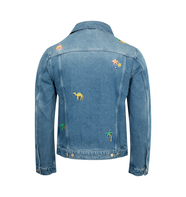 Image 2 of 2 - BLUE - CASABLANCA STONE WASH DENIM EMBROIDERED MOTIF JACKET CASABLANCA is a classic fit motif denim jacket in stonewashed denim with signature embroidery throughout and features a spread collar, gold button-front closure, chest flap pockets, long sleeves, button cuffs and waist tabs. 100% Cotton. Embroidery: 100% Polyester. 